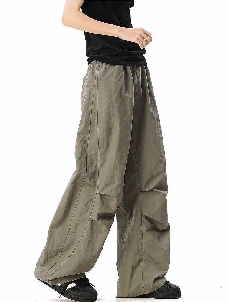 Ngộ Không có sẵn quần parachute ống đứng kiểu Mỹ thời thượng, chất liệu nhăn, dành cho nam, phong cách vintage mùa xuân, dáng rộng, đa năng.