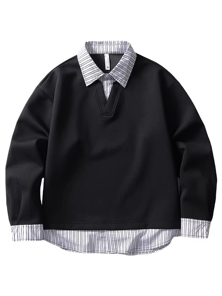 Wukong có sẵn áo sweatshirt phối màu sọc thời trang giả hai mảnh cổ POLO dành cho nam và nữ, kiểu dáng rộng rãi, áo cặp mặc chung cho mùa thu.