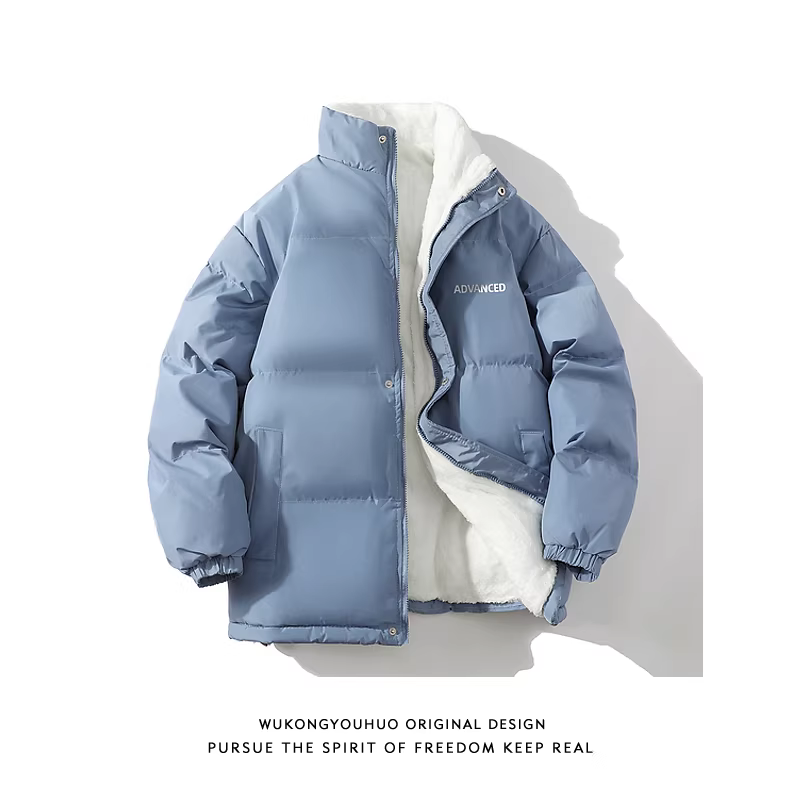 Áo khoác cotton dày dặn cổ đứng màu trơn mùa đông của Wukong dành cho nam, thương hiệu thời thượng, dáng rộng, áo khoác cotton đa năng dành cho cặp đôi.