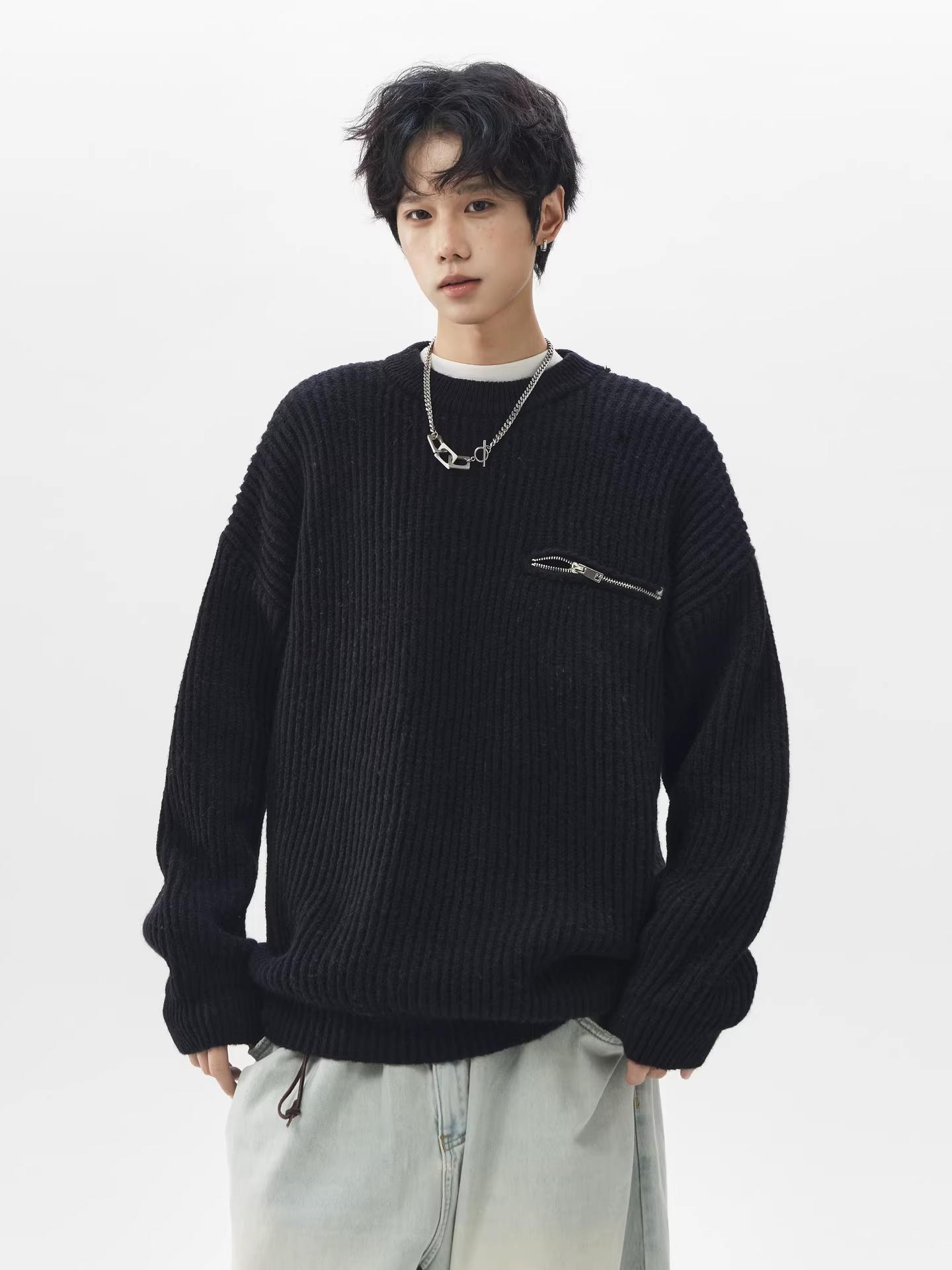 Áo len nam cổ tròn có khóa kéo, chất liệu dệt kim, kiểu dáng cổ điển mùa đông của Ngộ Không, thương hiệu thời thượng, dáng rộng, áo len giữ ấm cho cặp đôi.