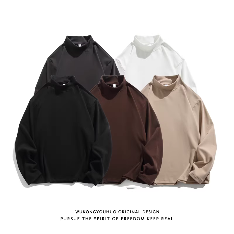 Wukong có sẵn áo thun nam cổ cao nửa cổ, tay dài, màu trơn đơn giản, kiểu dáng cổ điển, thương hiệu thời thượng, dáng rộng, áo thun cặp đôi mặc thường ngày.