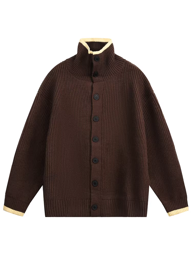 Wukong có sẵn áo len cardigan cổ cao cài nút phối màu vintage mùa thu dành cho nam, phong cách Hàn Quốc, áo khoác dệt kim Melard kiểu lười.