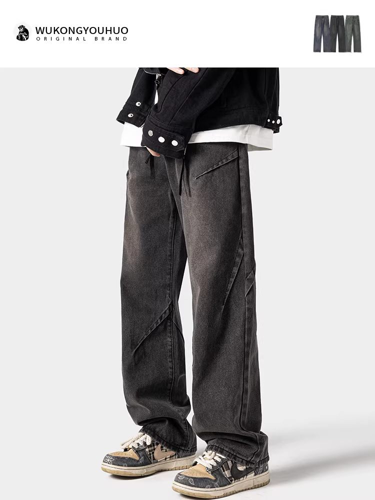 Wukong có sẵn quần jean nam kiểu dáng thẳng, phong cách đường phố Mỹ, thiết kế phá cách, kiểu dáng cũ kỹ, quần ống rộng xu hướng vintage, chất liệu washed.