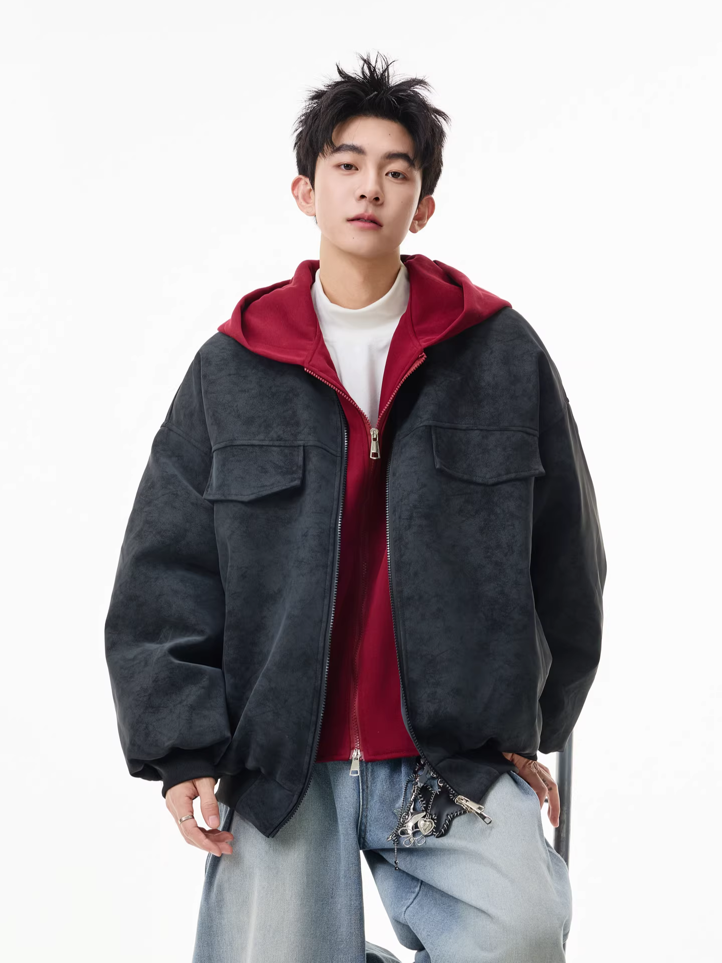 Wukong có sẵn áo khoác cotton có mũ trùm đầu kiểu Mỹ cổ điển, phối hai mảnh giả, dành cho nam, áo khoác mùa đông bằng da PU chống gió và giữ ấm.