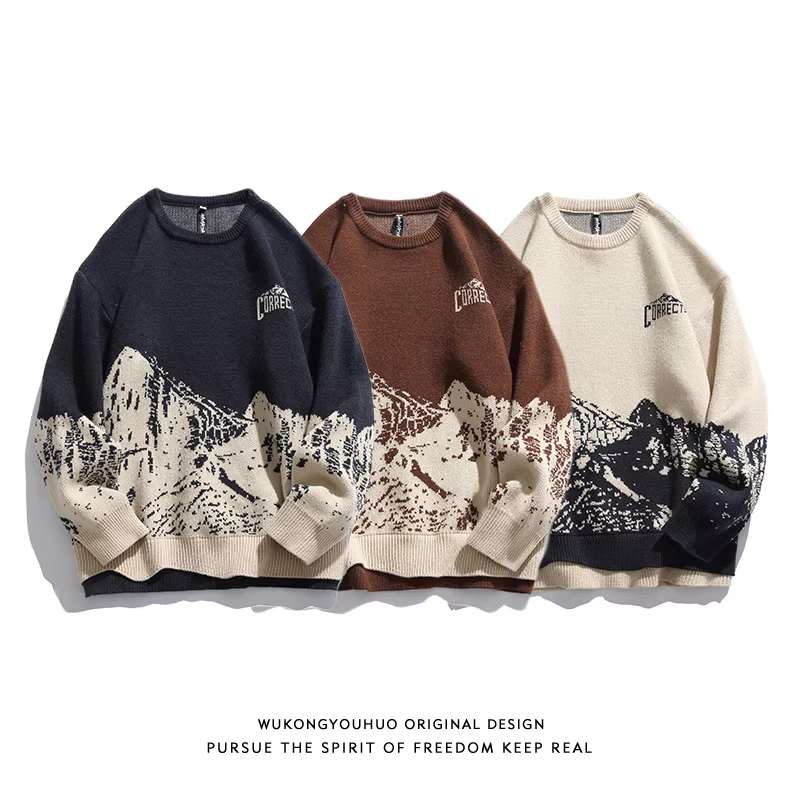 Wukong có sẵn áo len cổ tròn họa tiết núi tuyết cổ điển Nhật Bản dành cho nam, thương hiệu thời thượng, dáng rộng, áo dệt kim đa năng dành cho cặp đôi.
