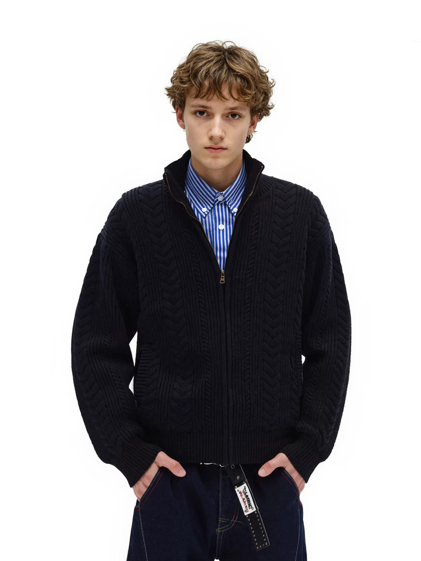 Wukong có sẵn áo len cardigan cổ đứng kiểu Mỹ cổ điển, dệt xoắn, dành cho nam, áo khoác dệt kim rộng rãi, thời trang, dành cho cặp đôi.