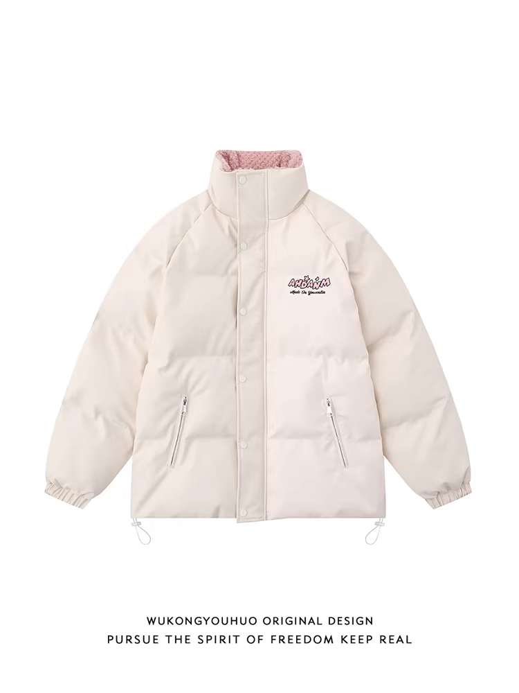 Wukong có sẵn áo khoác phao cặp đôi cổ đứng mùa đông chất liệu da PU, áo khoác cotton dày dặn chống gió kiểu dáng rộng rãi thời trang thương hiệu BF dành cho nam và nữ.