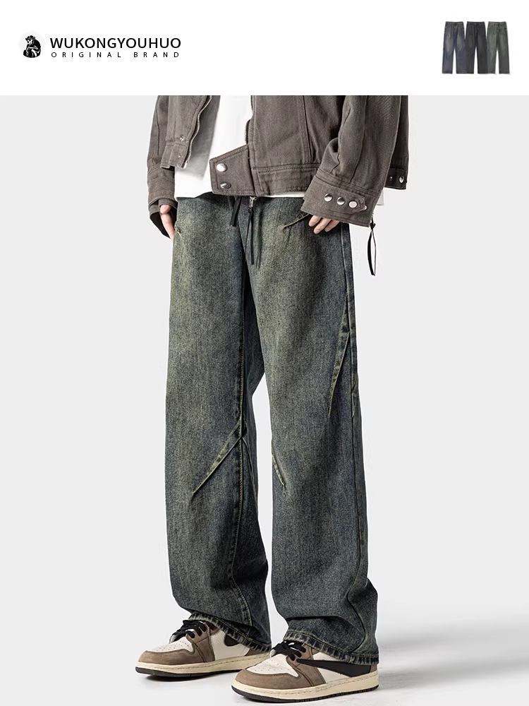 Wukong có sẵn quần jean nam kiểu dáng thẳng, phong cách đường phố Mỹ, thiết kế phá cách, kiểu dáng cũ kỹ, quần ống rộng xu hướng vintage, chất liệu washed.