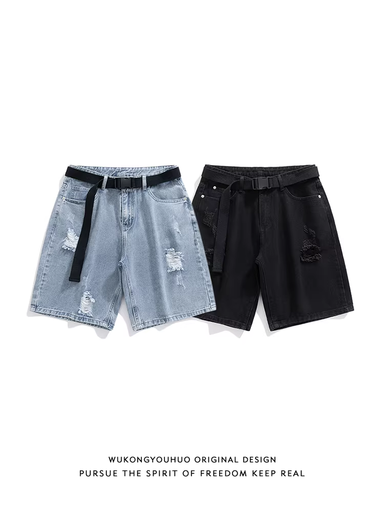 Wukong có sẵn quần short denim rách, xước, cạp chun thời trang dành cho nam, kiểu dáng rộng rãi, đa năng, năm phần, thích hợp cho mùa hè.