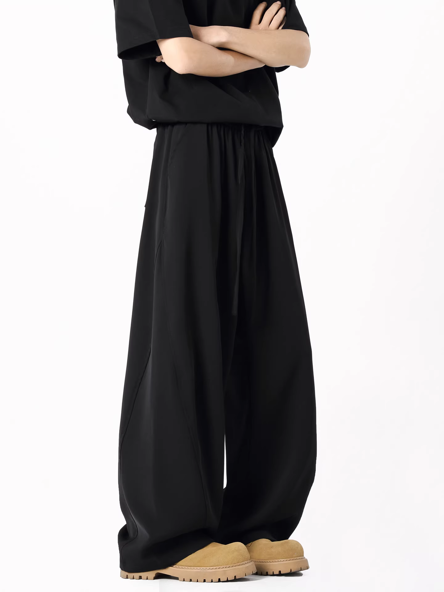 Wukong có sẵn quần âu kiểu kiếm ngắn mùa hè chất liệu lụa băng mỏng, có dây rút, lưng thun, dáng suông, quần thường ngày cho nam, quần ống rộng đa năng.