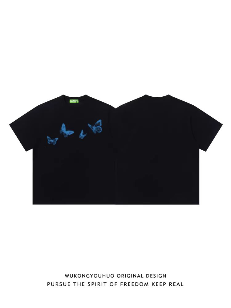Wukong có sẵn áo thun ngắn tay in hình bướm phong cách hip-hop Âu Mỹ dành cho nam, áo thun cặp đôi thời thượng, rộng rãi và cá tính.