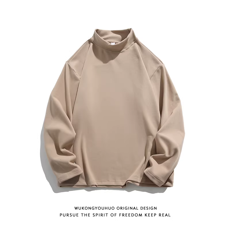Wukong có sẵn áo thun nam cổ cao nửa cổ, tay dài, màu trơn đơn giản, kiểu dáng cổ điển, thương hiệu thời thượng, dáng rộng, áo thun cặp đôi mặc thường ngày.