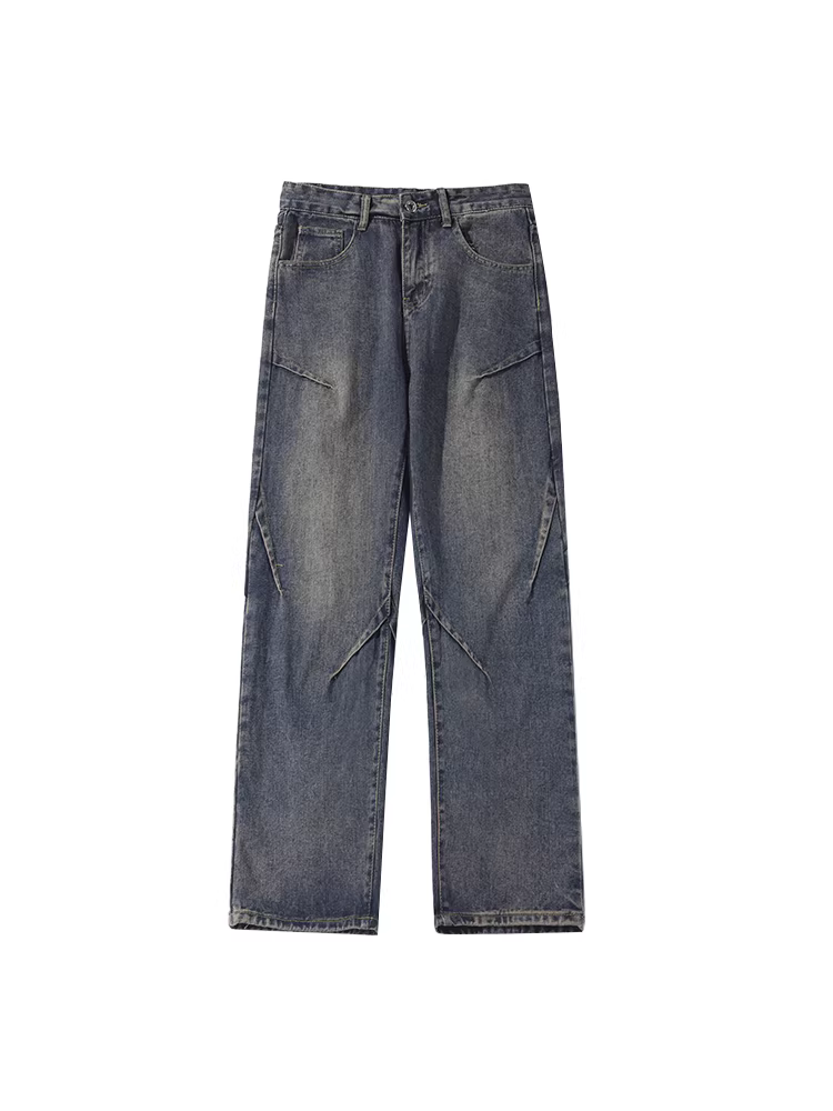 Wukong có sẵn quần jean nam kiểu dáng thẳng, phong cách đường phố Mỹ, thiết kế phá cách, kiểu dáng cũ kỹ, quần ống rộng xu hướng vintage, chất liệu washed.