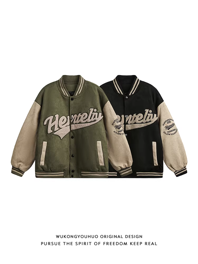 Wukong có sẵn áo khoác bóng chày kiểu Mỹ cổ điển, chất liệu da lộn phối vải, may chần bông dành cho nam và nữ, áo khoác dày giữ ấm mùa đông dành cho cặp đôi.