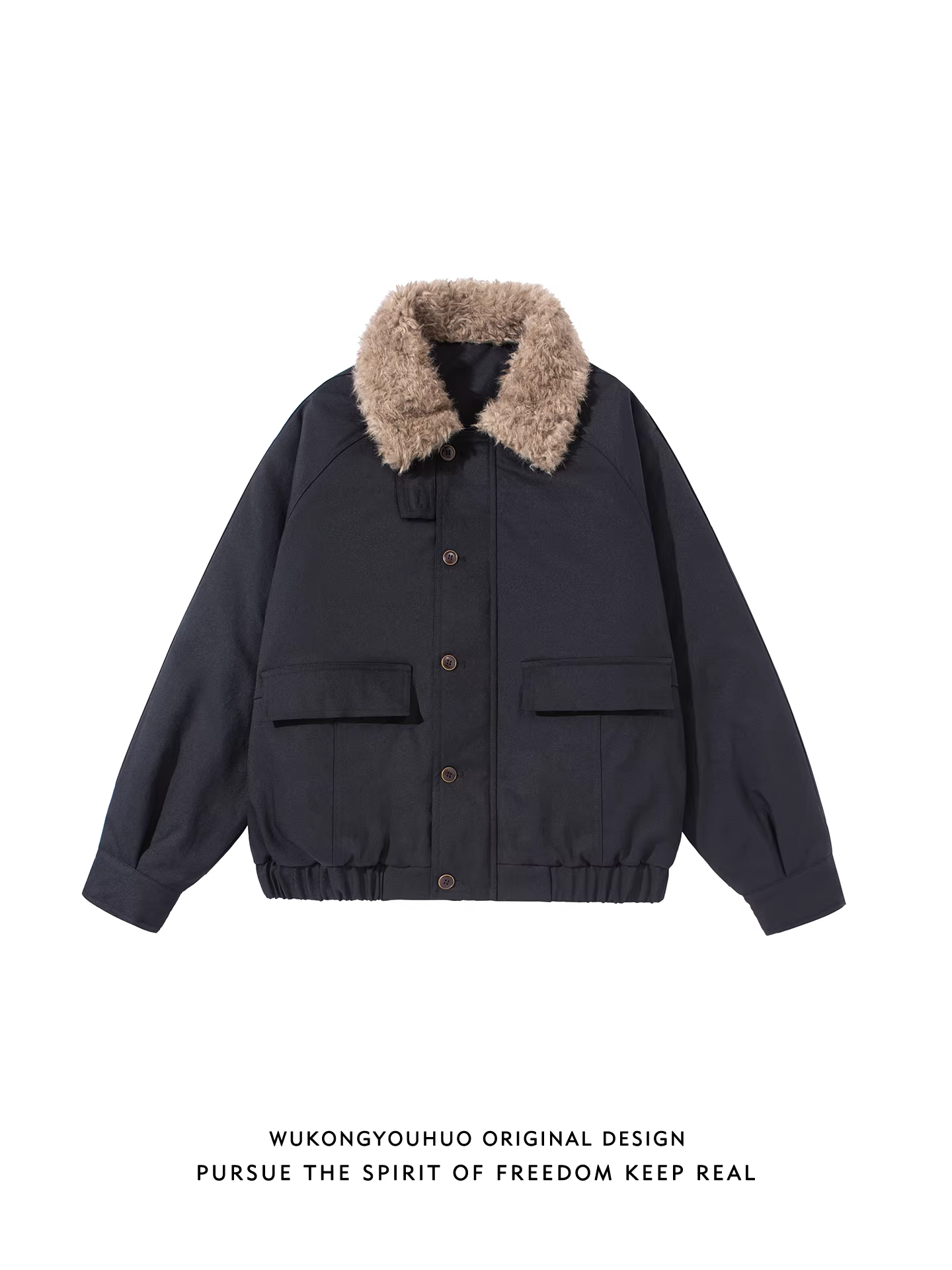 Áo khoác cotton chất liệu len cừu màu trơn phong cách retro Nhật Bản của Wukong dành cho nam, thời trang mùa đông, áo cặp giữ ấm.