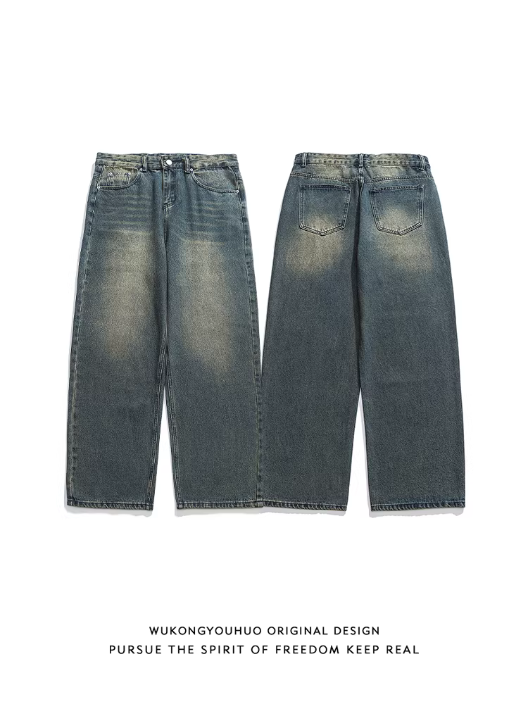 Ngộ Không có sẵn quần jean nam dáng thẳng phong cách đường phố Mỹ, kiểu vintage, rách cá tính, quần dài rộng ống xuông, chất liệu washed, thương hiệu thời thượng.