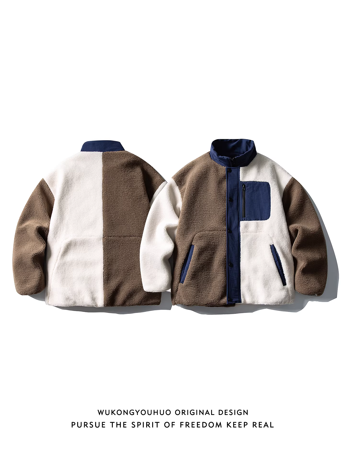 Áo khoác cotton cổ đứng phối màu thời thượng mùa đông của Wukong dành cho nam, phong cách cổ điển dành cho cặp đôi, dáng rộng và đa năng.