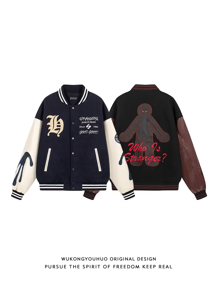 Wukong có sẵn áo khoác bóng chày thêu chữ kiểu Mỹ, chất liệu dày dặn dành cho nam và nữ, áo khoác cặp đôi thời trang với miếng vá da PU.