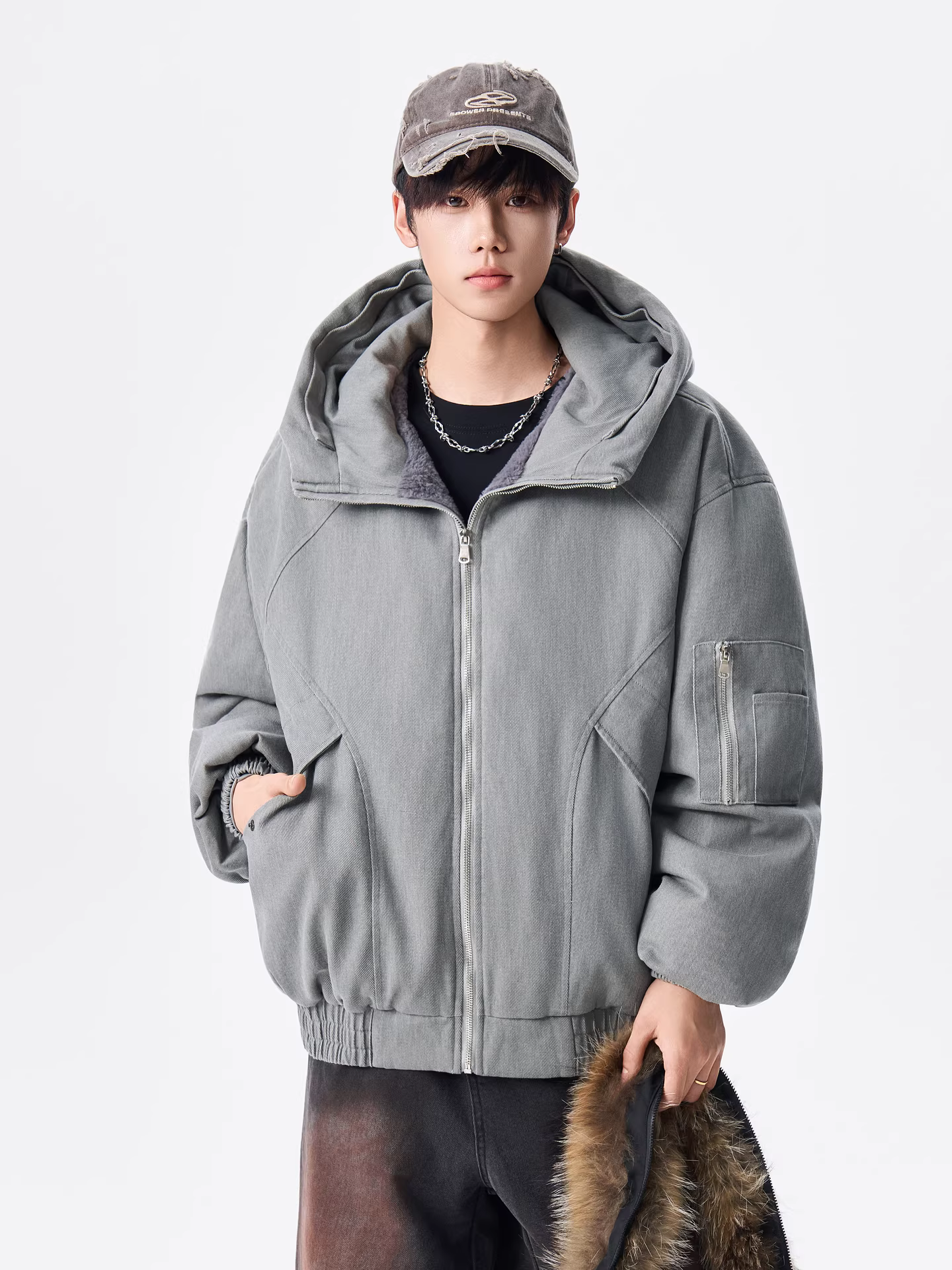 Áo khoác phao có mũ trùm đầu, cổ lông vũ tháo rời được, chất liệu lông vũ vịt 90%, kiểu dáng mùa đông của Wukong dành cho nam, kiểu dáng áo khoác công nhân dày dặn kiểu Mỹ.