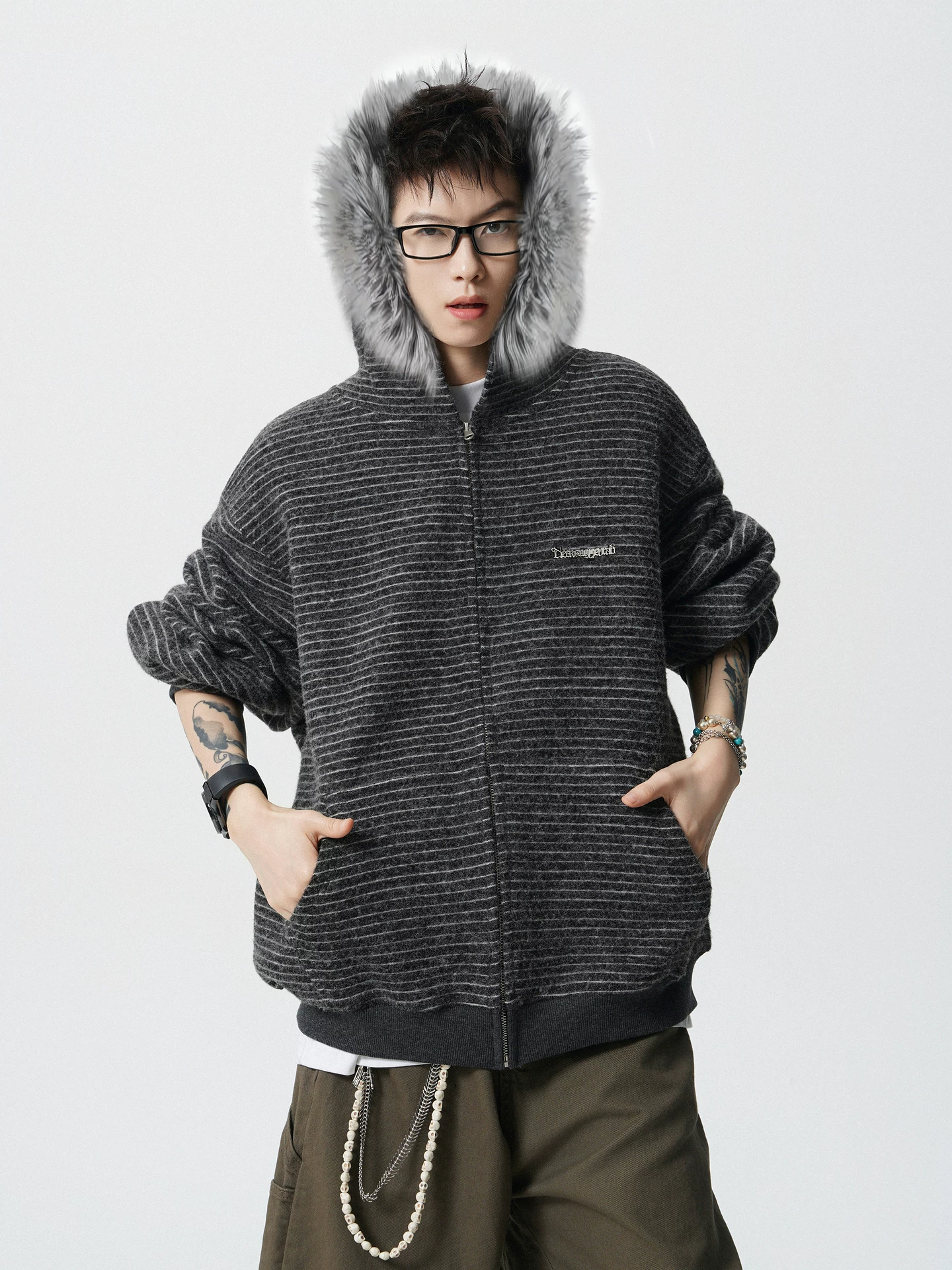Wukong có sẵn áo khoác cardigan có mũ trùm đầu kiểu Mỹ, cổ lông sọc thời trang dành cho nam, dáng rộng, kiểu cặp đôi, phong cách lười biếng, áo khoác đa năng.