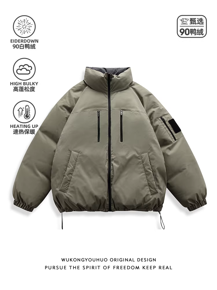 Wukong có sẵn áo khoác phao cổ đứng hai mặt, chất liệu lông vũ trắng 90%, dành cho nam, kiểu dáng cổ điển, áo phao ấm áp dành cho cặp đôi.