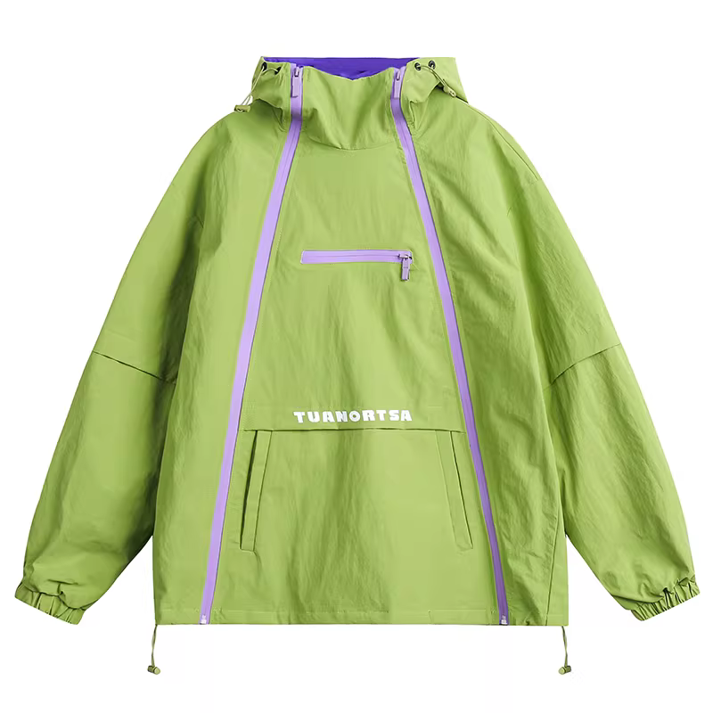 Áo khoác gió có mũ trùm đầu có khóa kéo đôi Hip-Hop của Wukong Youhuo dành cho nam và nữ, Áo khoác chức năng chống gió rộng rãi của thương hiệu thời thượng