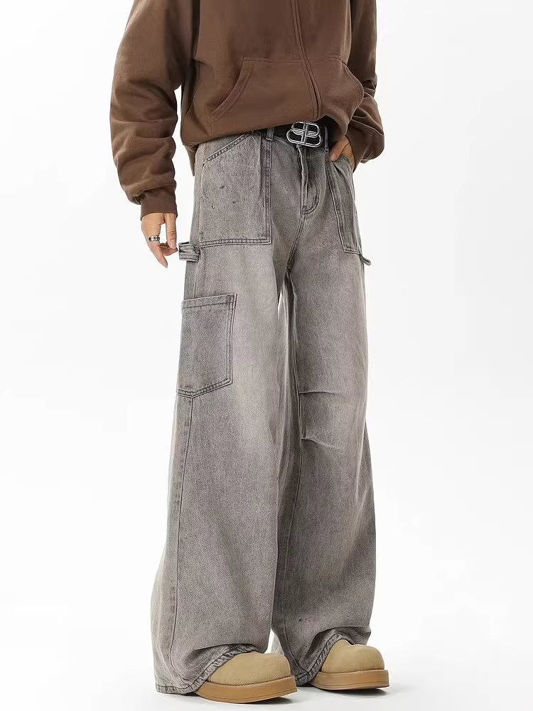 Ngộ Không có sẵn quần jean nam dáng thẳng xếp ly phong cách retro Mỹ, quần ống rộng dáng rộng thoải mái, thương hiệu thời thượng.