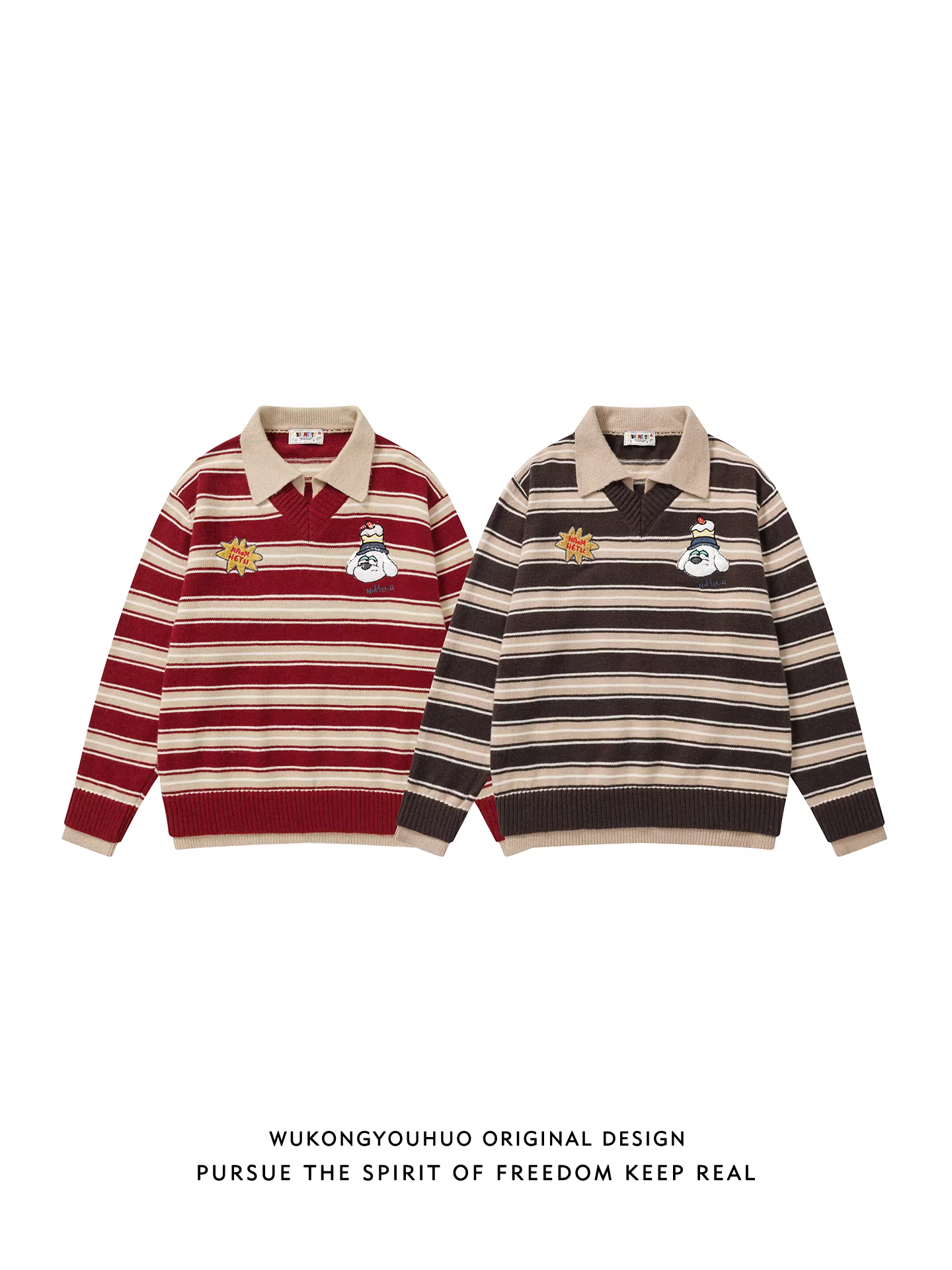Wukong có sẵn áo len cổ POLO thêu sọc kiểu cổ điển dành cho nam, áo len dệt kim dáng rộng đa năng, hợp thời trang, kiểu cặp đôi.