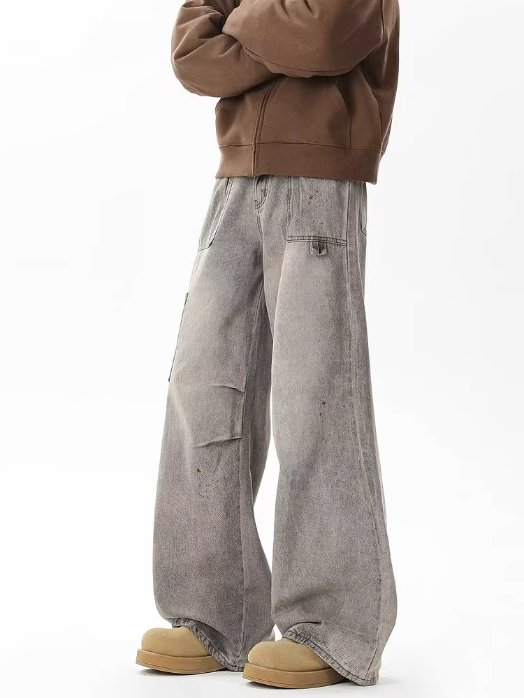 Ngộ Không có sẵn quần jean nam dáng thẳng xếp ly phong cách retro Mỹ, quần ống rộng dáng rộng thoải mái, thương hiệu thời thượng.