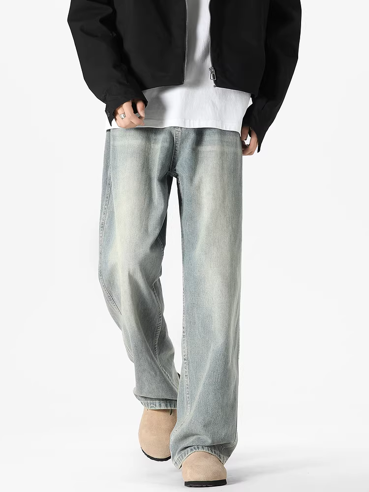 Ngộ Không có sẵn quần jean nam kiểu Mỹ, phong cách thời thượng, đã qua xử lý làm mềm và tạo hiệu ứng cũ, dáng thẳng, quần ống rộng, đa năng, mặc thường ngày, dài chấm đất.