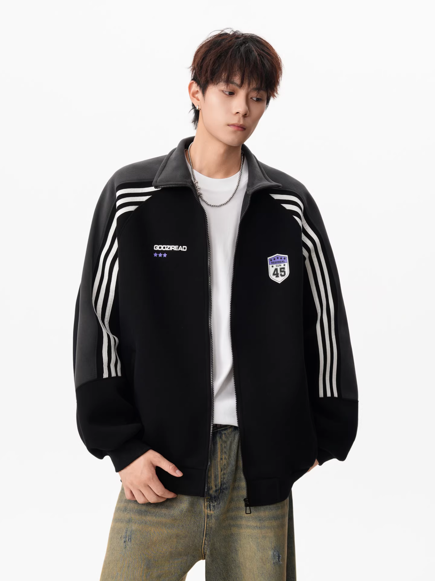 Wukong có sẵn áo len cổ đứng sọc màu phong cách Mỹ thời thượng dành cho nam và nữ, dáng rộng cho mùa thu, áo khoác thường ngày đa năng dành cho các cặp đôi.