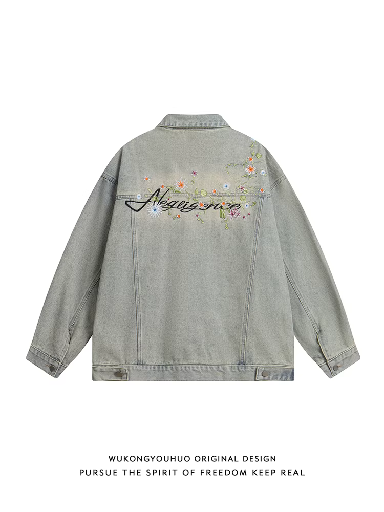 Wukong có sẵn áo khoác denim thêu hoa phong cách Mỹ thời thượng dành cho nam và nữ, áo khoác vintage dáng rộng đa năng dành cho cặp đôi.