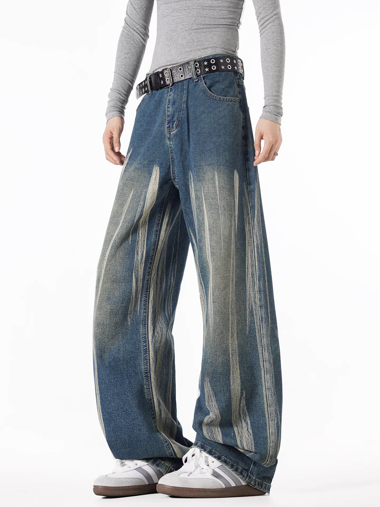 Ngộ Không có sẵn quần jean nam ống thẳng kiểu Mỹ, phong cách thời thượng, đã qua xử lý làm cũ, quần dài rộng ống, phong cách đường phố, đa năng.