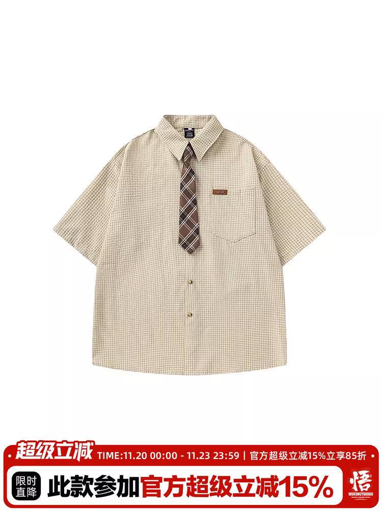 Wukong có sẵn áo sơ mi ngắn tay kẻ caro kiểu Nhật cổ điển dành cho nam và nữ, áo sơ mi học sinh kẻ caro bong bóng chất liệu mùa hè.