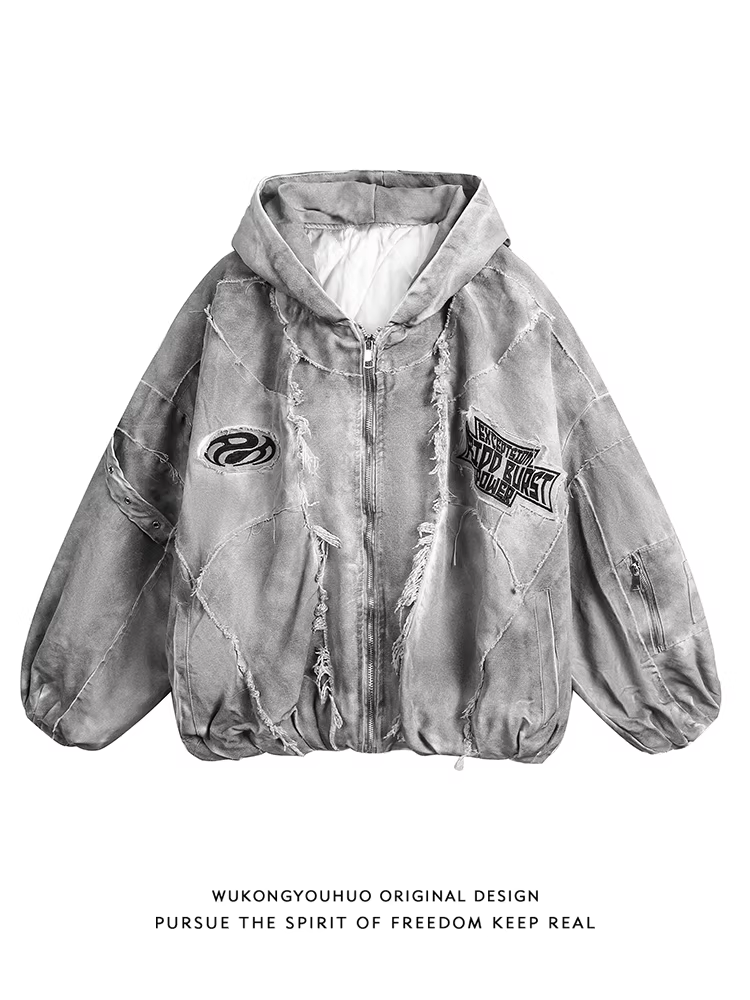 Wukong có sẵn áo khoác cotton có mũ trùm đầu kiểu đường phố Mỹ, phong cách bụi dơ, dành cho nam, áo khoác cotton ấm áp, thời trang mùa đông, thương hiệu độc đáo, phong cách giản dị.