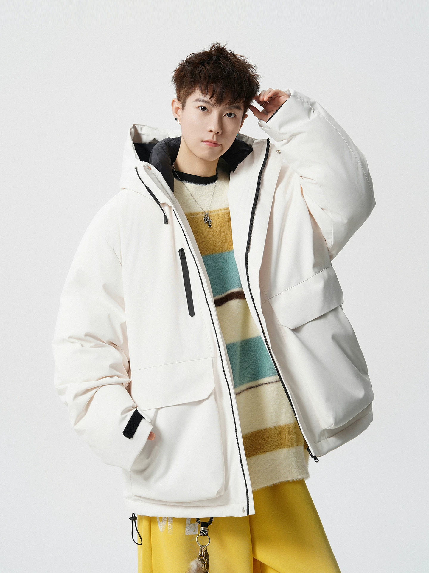 Áo khoác phao có mũ trùm đầu, túi lớn, kiểu cổ điển mùa đông của Wukong dành cho nam, thương hiệu thời thượng, dáng rộng, 90% lông vũ vịt, áo khoác cotton ấm áp, thích hợp làm áo bảo hộ lao động.