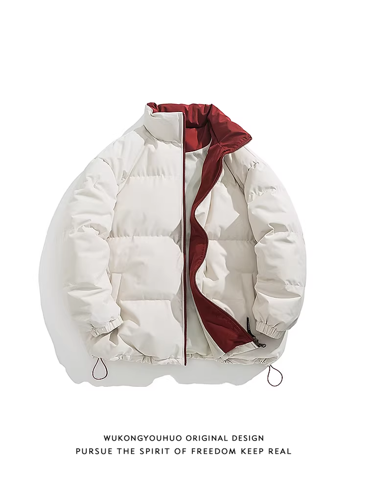 Áo khoác cotton cổ đứng phối màu cơ bản mùa đông của Wukong dành cho nam, thương hiệu thời thượng, dáng rộng, dày dặn, áo khoác lót bông ấm áp.