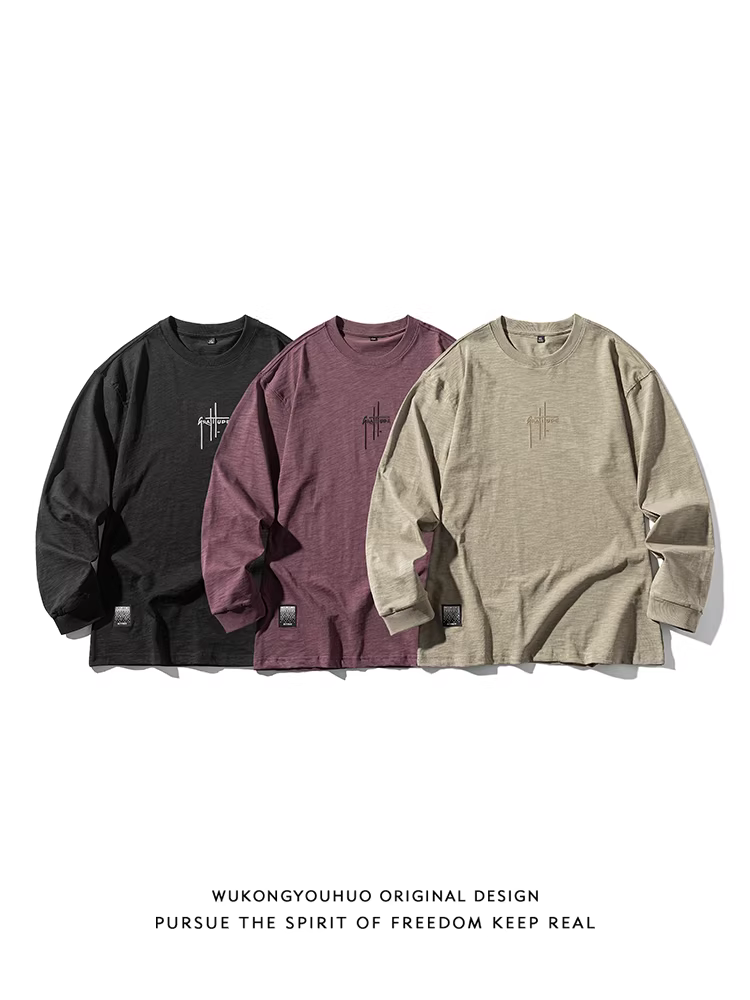 Wukong có sẵn áo thun cotton cổ tròn tay dài thêu chữ kiểu Mỹ cổ điển dành cho nam, áo cặp mùa thu dáng rộng.