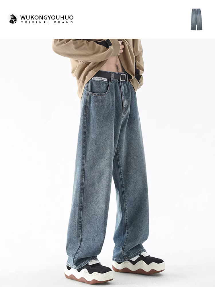 Ngộ Không có sẵn quần jean nam ống đứng kiểu vintage, phong cách đường phố, quần dài rộng rãi đa năng.