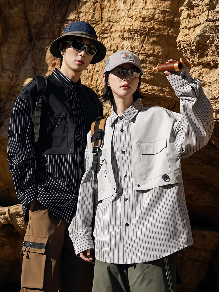 Wukong có sẵn áo sơ mi dài tay giả hai mảnh, kiểu dáng cổ điển, hợp thời trang, phối sọc, dành cho nam, phong cách Nhật Bản, kiểu dáng rộng rãi, thích hợp làm áo công sở hoặc mặc ngoài trời.