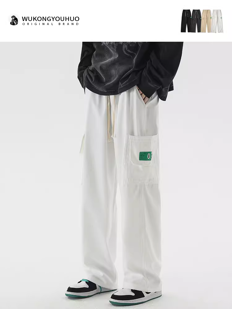 Wukong có sẵn quần cargo ống thẳng nhiều túi phong cách retro Nhật Bản dành cho nam, quần ống rộng đa năng, thời trang, thoải mái, thích hợp cho mùa xuân và mùa thu.