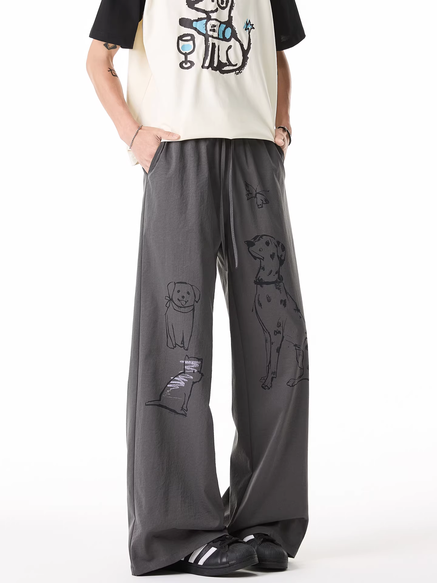 Wukong có sẵn quần âu ống đứng in hình chú chó con vẽ tay sáng tạo dành cho nam, thương hiệu thời trang theo phong cách Mỹ, quần ống rộng rộng rãi và đa năng.