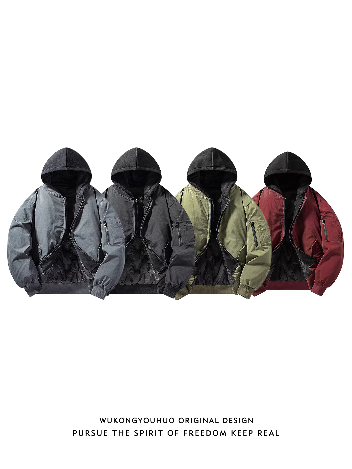 Wukong có sẵn áo khoác phao nam kiểu Mỹ cổ điển, giả hai mảnh, phối họa tiết, có mũ, mùa đông, 90% lông vũ, chống lạnh, kiểu phi công.