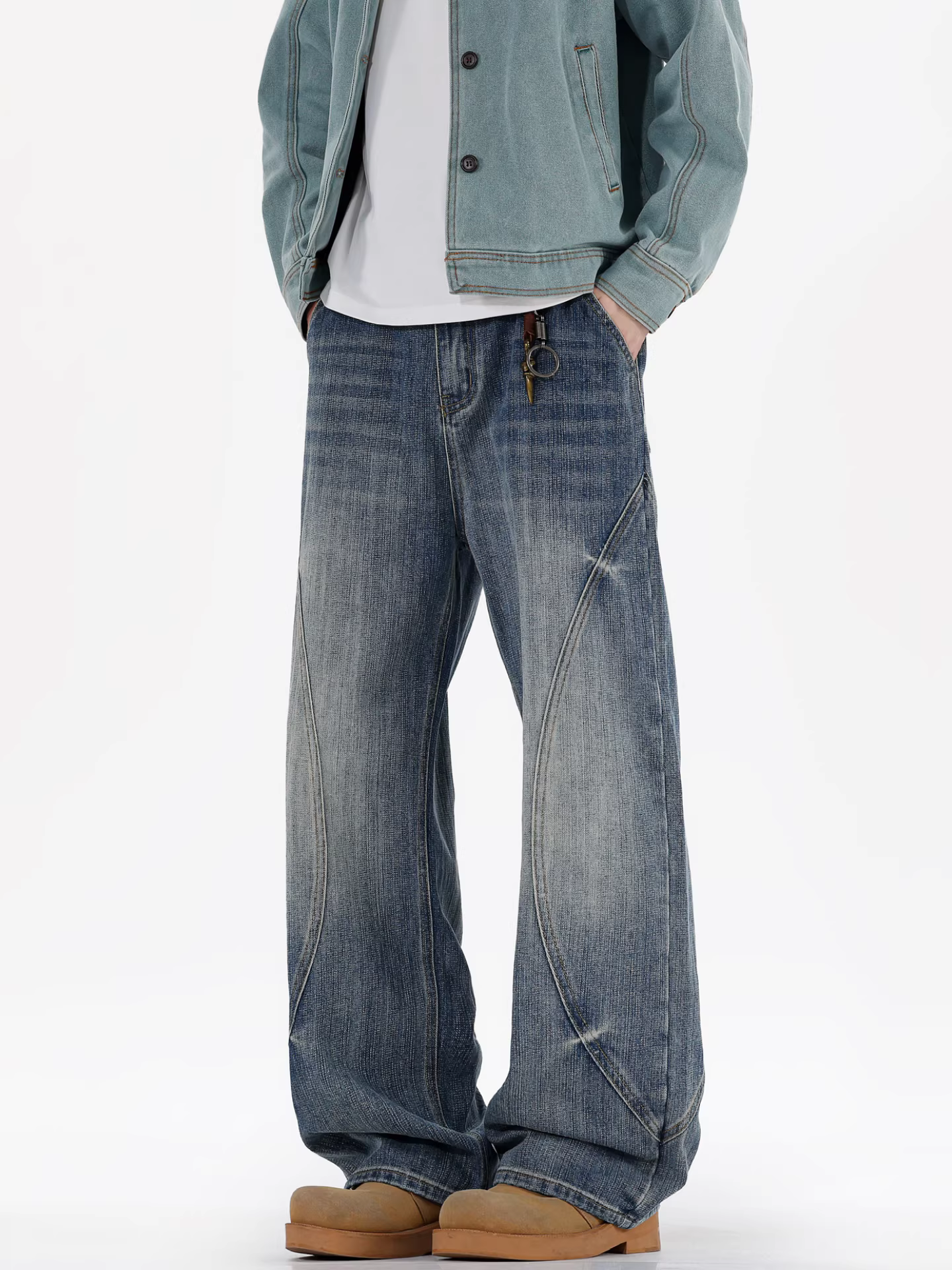 Wukong có sẵn quần jeans nam kiểu Mỹ cổ điển, thiết kế ghép mảnh, giặt mài, dáng rộng, phong cách đường phố, đa năng.