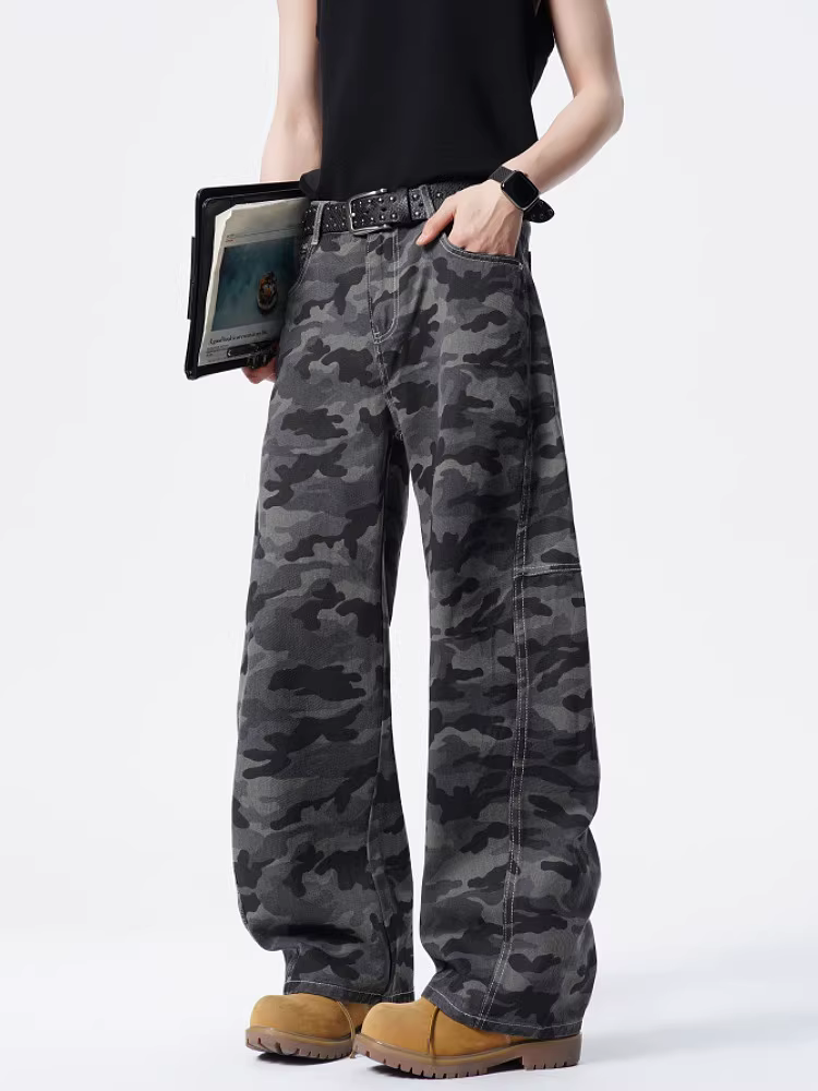 Wukong có sẵn quần cargo ống thẳng phối họa tiết rằn ri kiểu Mỹ thời thượng dành cho nam, quần dài đa năng phong cách đường phố cổ điển ống rộng.