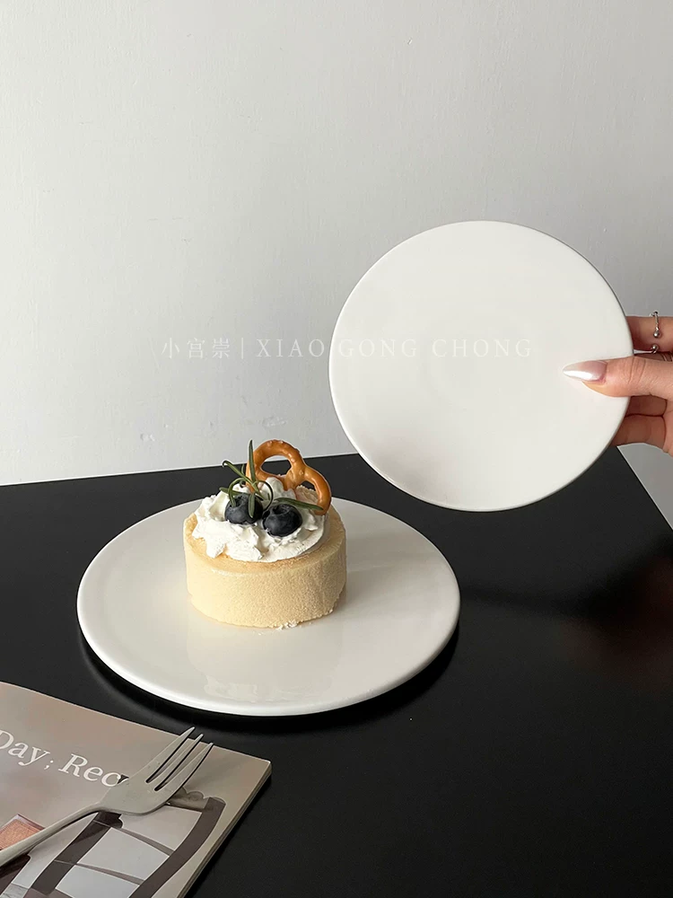 Đĩa gốm sứ trắng đơn giản, đĩa bánh ngọt, đĩa trưng bày sáng tạo, đĩa bánh ngọt phương Tây, đĩa mousse, đĩa steak, đĩa ăn món Âu