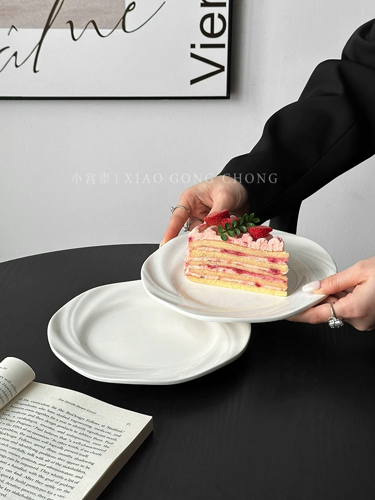 Đĩa bánh gốm sứ trắng tinh khiết phong cách Ins, đĩa tráng miệng cao cấp, đĩa trái cây ăn nhẹ gia đình, đĩa nông dùng cho trà chiều, bộ đồ ăn