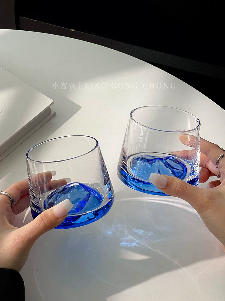 Ly núi Phú Sĩ màu xanh đậm phong cách Ins, ly thủy tinh cổ điển cao cấp nhìn ra núi, ly rượu whisky, ly rượu ngoại.