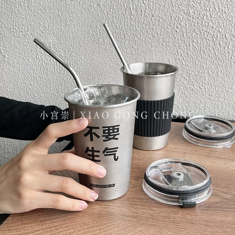 Cốc nước không gây tức giận, cốc inox 304 kiểu dáng ins có nắp, cốc có ống hút, cốc di động và tiện lợi, cốc cà phê du lịch chống rơi.