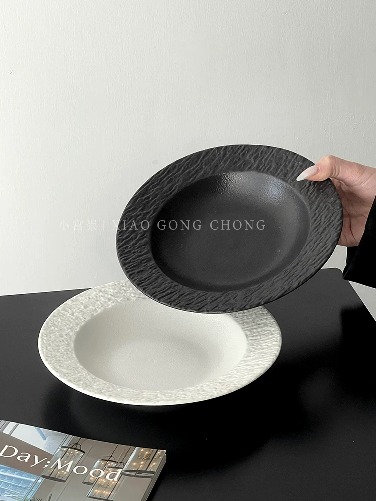 Đĩa mũ rơm hoa văn đá cao cấp màu trắng tinh khiết, đĩa mì ống, đĩa gốm, đĩa gia dụng kiểu phương Tây, đĩa súp, đĩa sâu lòng, đĩa trái cây.